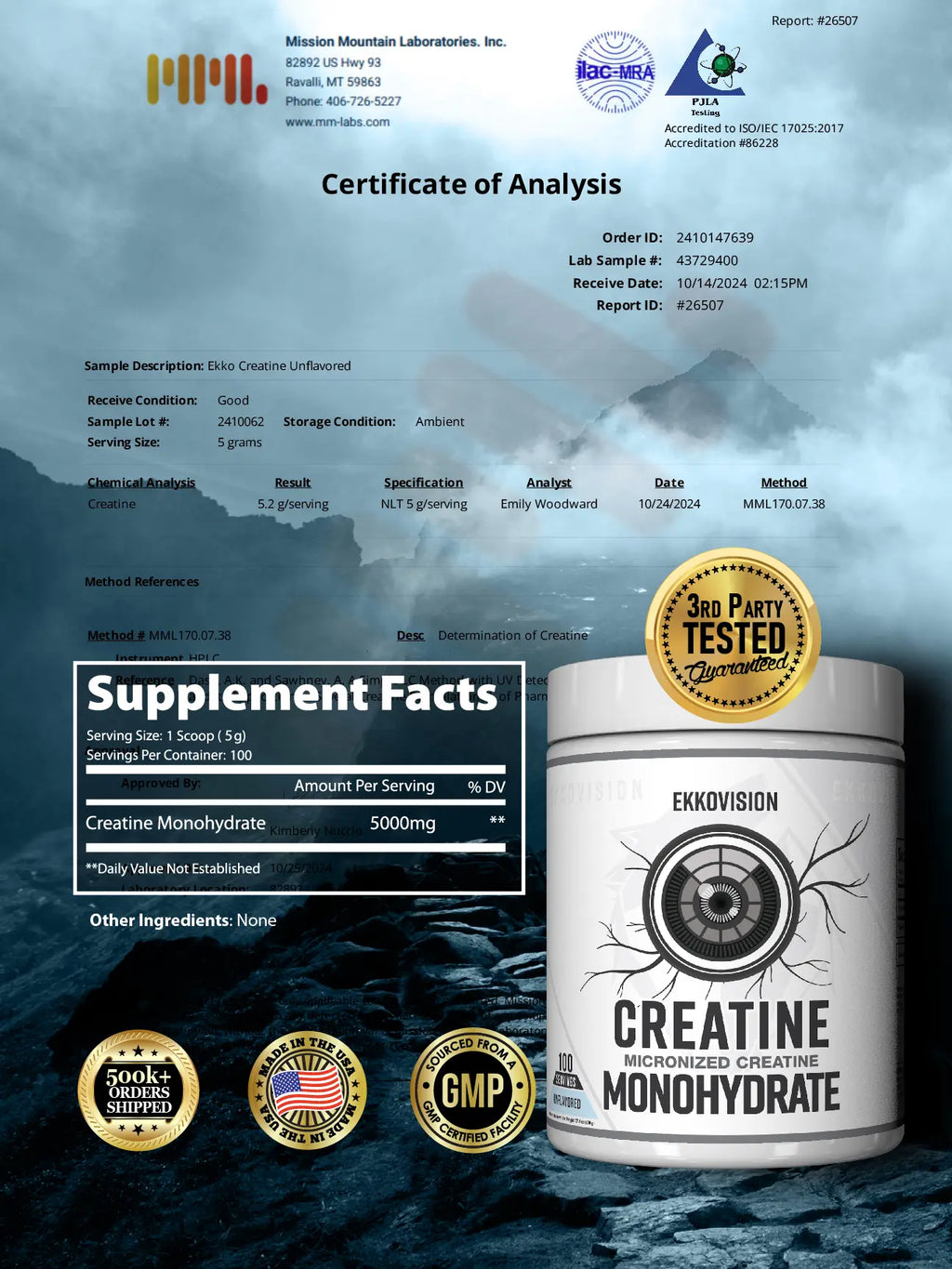 EKKO Creatine Monohydrate - Unflavored Creatine (3rd Party Tested)